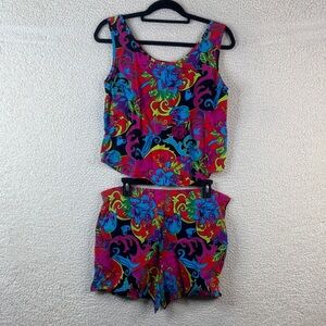 First Glance Womens Multicolor Floral Two-Piece Set –Tank Size L, Shorts Size M